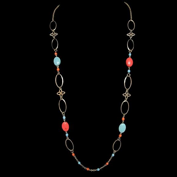 Faux Turquoise Coral Station Necklace 38"‎ Gold-tone Beaded Boho Retro Jewelry - Picture 1 of 4